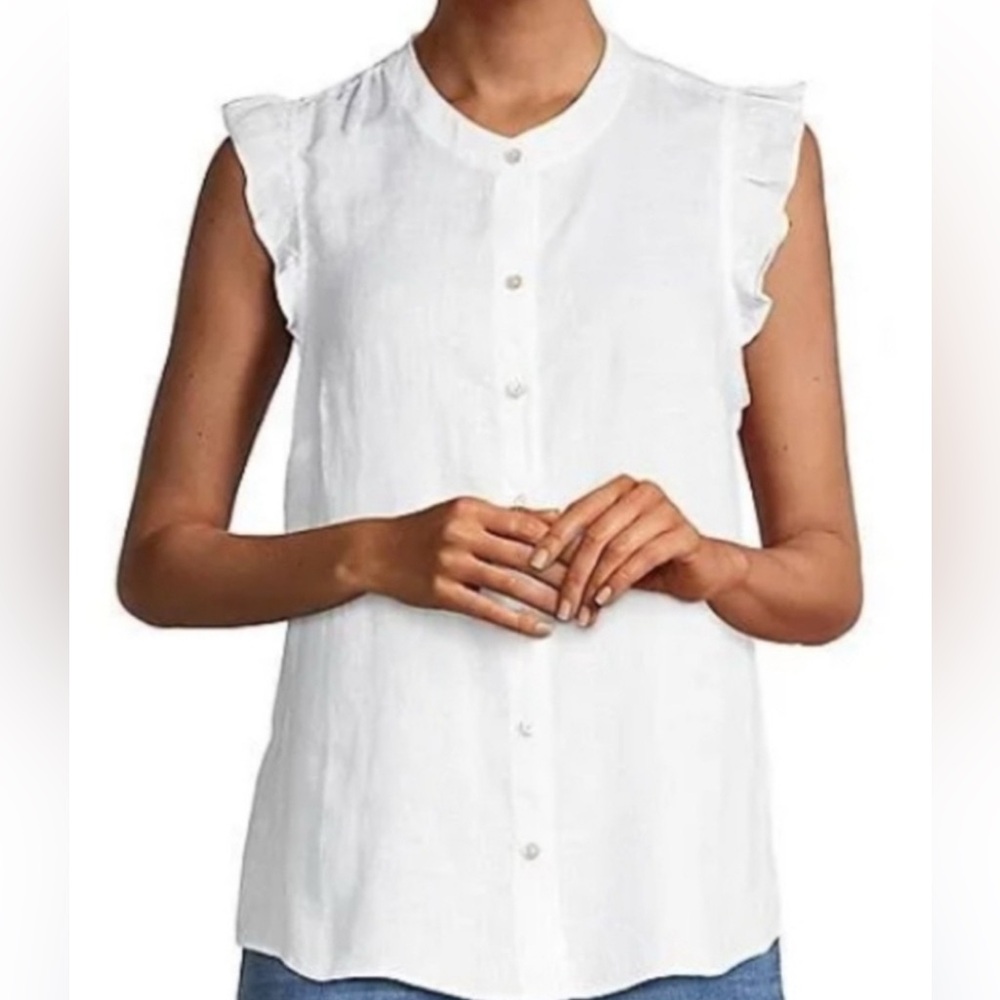 Lilly Pulitzer White 100% Linen Sleeveless Ruffle Cap Button Down Blouse Sz XL